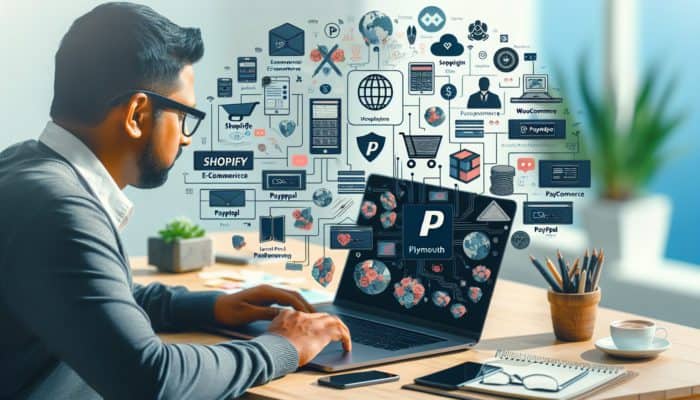 A small business owner setting up an e-commerce platform on a laptop featuring logos like Shopify, WooCommerce, Magento, PayPal, and Stripe.