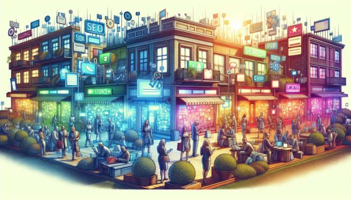 A vibrant e-commerce scene in Plymouth showcasing SEO keywords on digital screens with customers utilizing search engines.