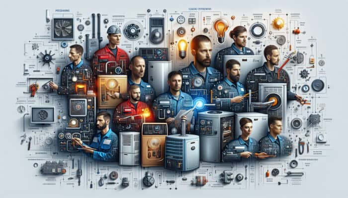 Infographic depicting Langley furnace technicians at work on different models, sharing maintenance and service tips.