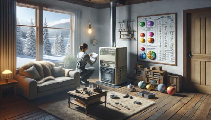 A technician evaluates an older furnace in a cozy living room, with service plan charts and a snowy Langley view outside.