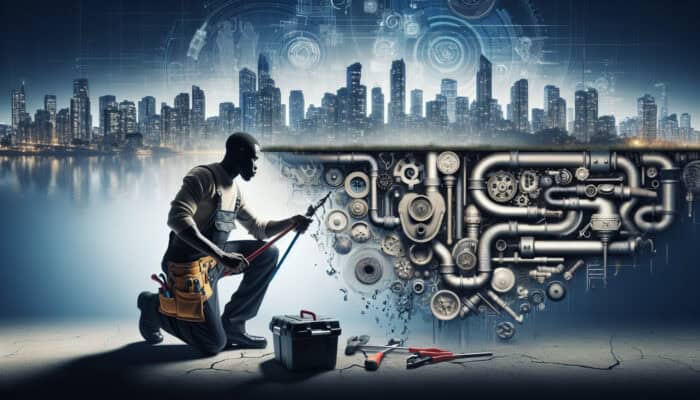 A Plumber in Coquitlam Cleaning a Modern Drain System with the City Skyline in the Background.