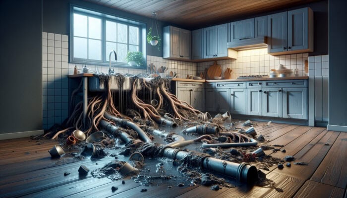 A Kitchen Sink in a Coquitlam Home Clogged with Grease and Debris, Featuring Tree Roots Intruding into the Drain Pipes.