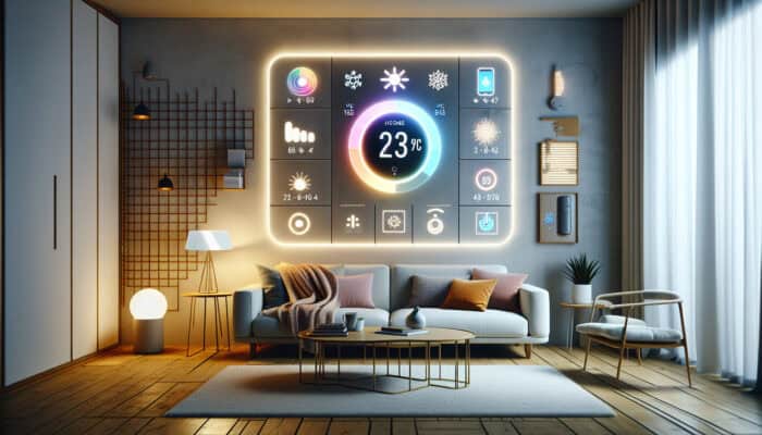 Smart thermostat displayed on a wall in a modern living room, controlled via smartphone with sensors monitoring the heating system.