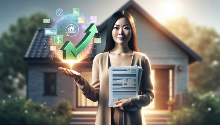 Person with credit score over 650, holding financial documents, confidently standing in front of a home, symbolizing successful loan application.