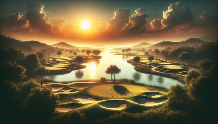 Scenic view of the golf course at sunset, showcasing four signature holes with distinctive challenges and stunning views.
