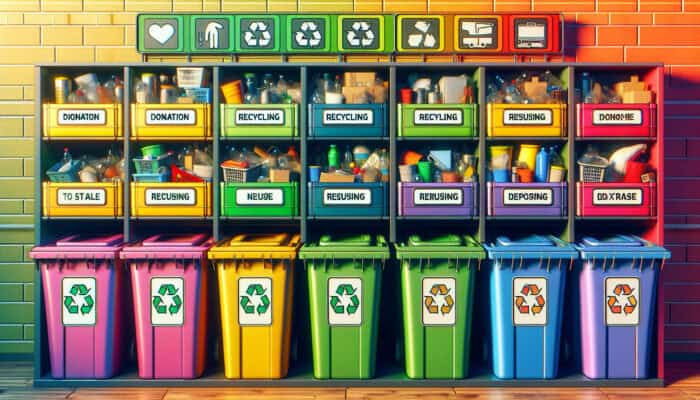 A colorful sorting station with bins labeled 'donate', 'recycle', 'reuse', 'dispose', filled with household items.