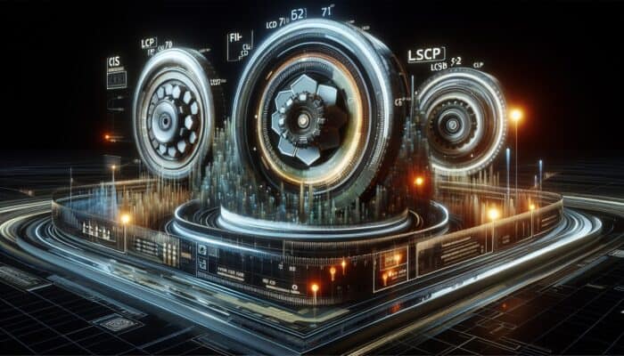 Optimizing Core Web Vitals for SEO: A futuristic interface with gauges for LCP, FID, and CLS, showcasing website performance in a neon-lit tech setting.