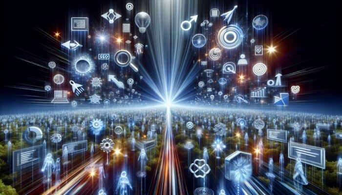 A digital landscape featuring SEO metrics and glowing icons of speed, mobile optimization, and user experience converging on a central core web vitals symbol.