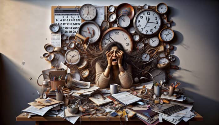 A person overwhelmed at a chaotic desk with clocks and calendars, showing time management pitfalls and burnout.