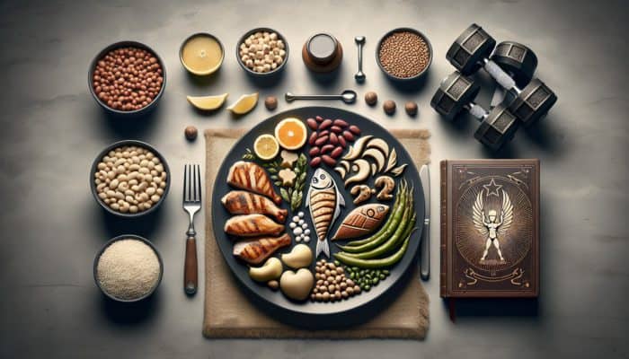 A balanced meal plan featuring chicken, fish, legumes, accompanied by a fitness journal with weights.