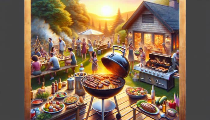 A vibrant backyard barbecue with Weber's kettle and gas grills, enjoyed by novice and expert grillers.
