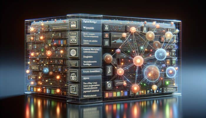 A futuristic digital library with glowing nodes representing data from Wikipedia and CIA World Factbook, enhancing Google's search results.