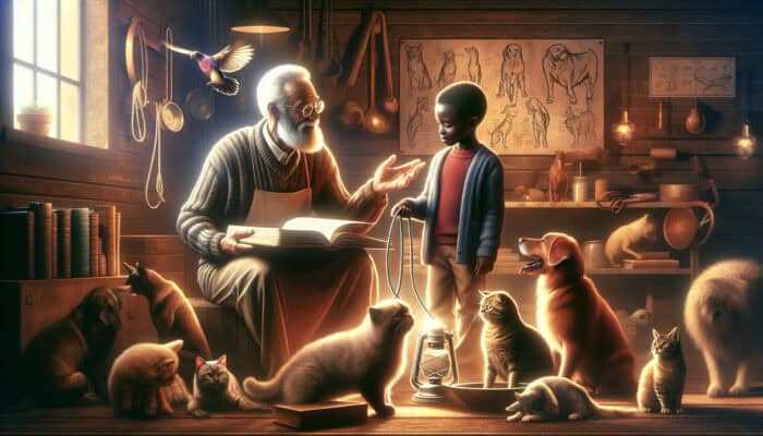 A seasoned pet owner mentoring a beginner amidst dogs, cats, birds, and educational resources in a cozy home.