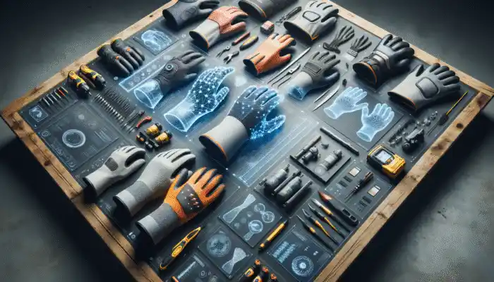 A diverse collection of safety gloves displayed on a workbench, designed for various industries to ensure protection and comfort.