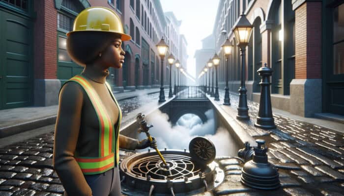 A skilled plumber performing a thorough sewer inspection in Gastown, Vancouver, amidst historic cobblestones and vintage lampposts.