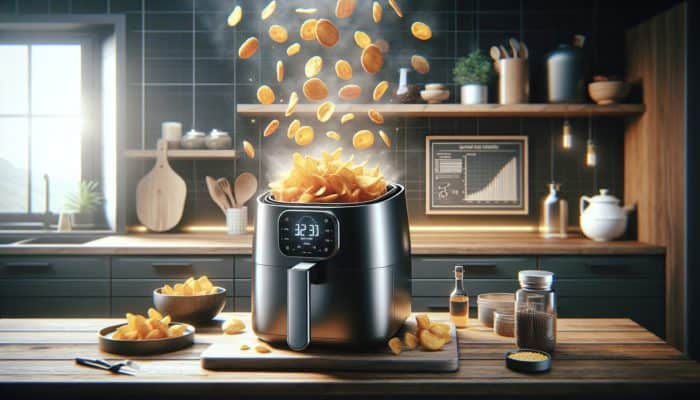 Air fryer with rapid air circulation crisping golden-brown snacks, in a modern kitchen.