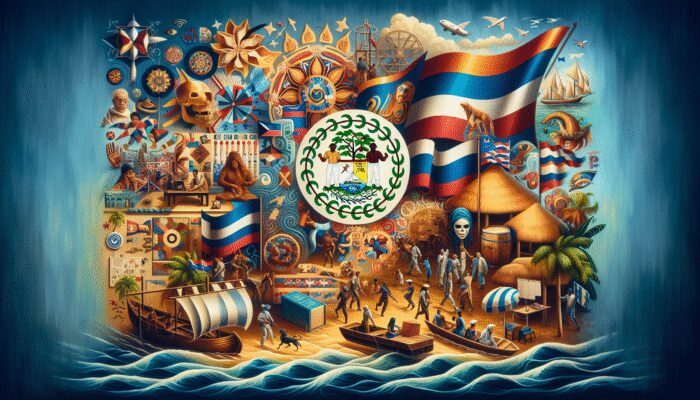 A tapestry illustrating Belize's cultural evolution highlighting Creole, Garifuna, and colonial influences, reflecting a modern identity.