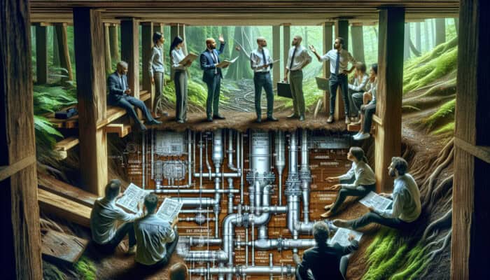 Engineers discussing drainage strategies in Chilliwack's damp environment, showcasing crawl space drainage solutions.