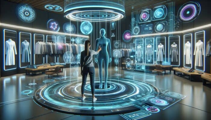 A futuristic AR room filled with holographic screens and clothing items for virtual try-ons.