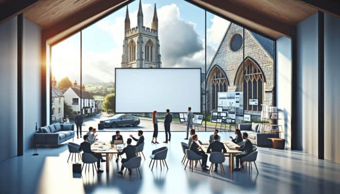 Modern WordPress design studio in Glastonbury, featuring professionals collaborating around a large screen with a backdrop of historic architecture.