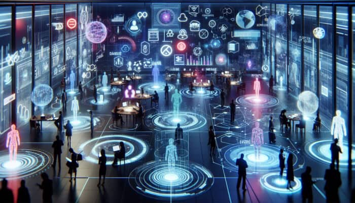 A futuristic, neon-lit digital forum with users engaging holographic virtual assistants.