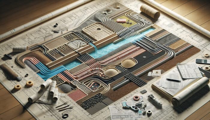 Blueprint of a perimeter drainage system highlighting components like pipes, gravel, and fabric layers.