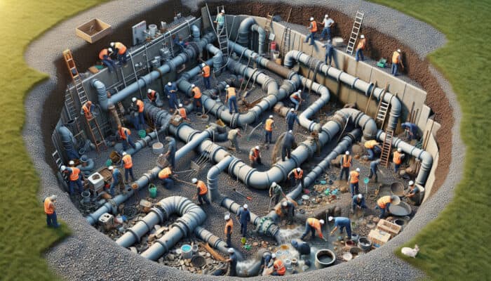 Workers performing maintenance on the perimeter drainage system, including clearing debris and checking pipe and gravel integrity.