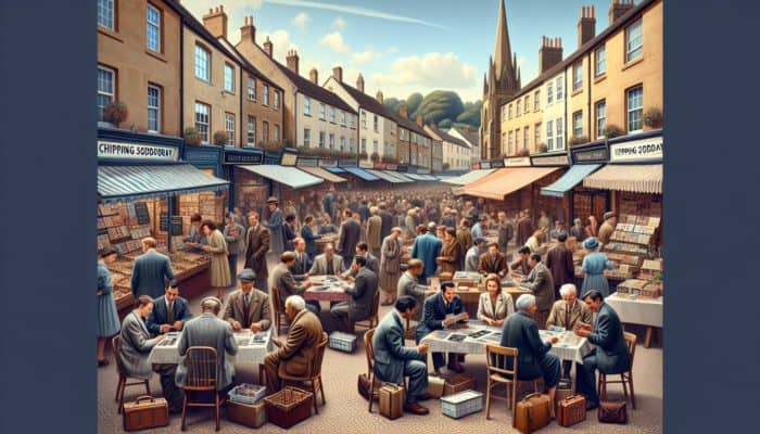 A lively market scene in Chipping Sodbury, capturing small business owners discussing blogging strategies amidst quaint shops.