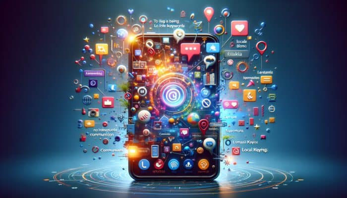 A smartphone displaying a local blog with engaging photos, videos, social media buttons, and an active comments section, optimised for SEO.