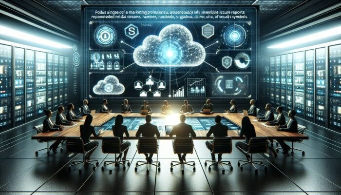 A futuristic control room displaying holographic data flows, surrounded by secure cloud symbols, with marketing teams analyzing real-time reports.