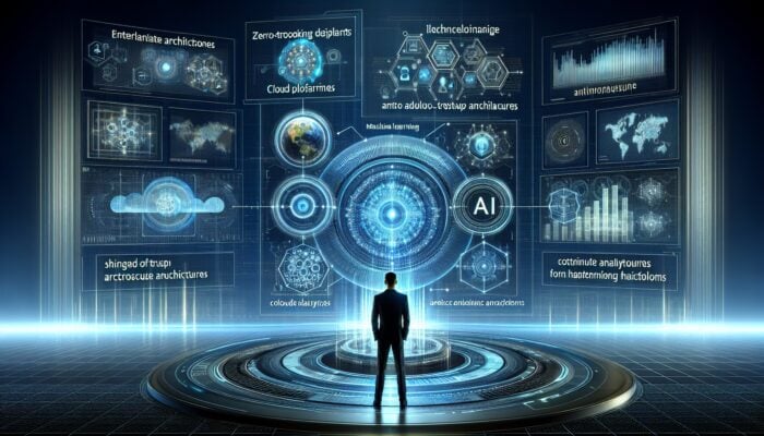 A modern marketing office showcasing AI, machine learning, and advanced cloud security measures.