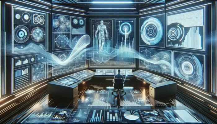 A futuristic control room where a virtual assistant analyzes data visualizations and strategic planning charts.