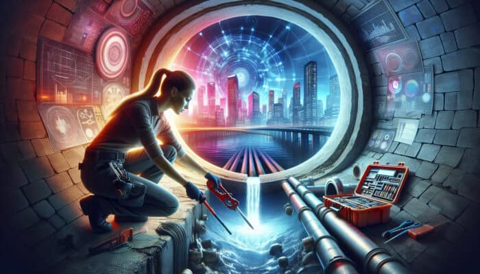 A skilled plumber in a neon-lit sewer tunnel in Port Moody, using advanced tools to repair a pipe with a cityscape backdrop.
