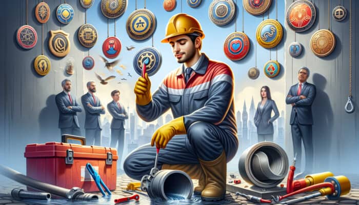 A sewer repair technician in Port Moody inspecting a damaged pipe, equipped with essential tools and certification badges.