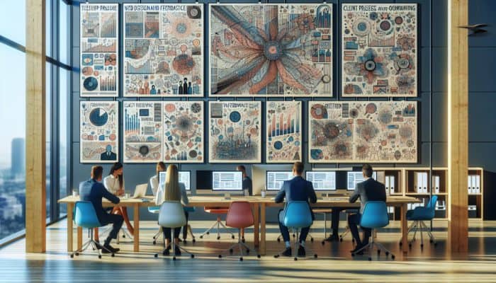 A vibrant Gloucester office showcasing diverse web designs, client testimonials, and team discussions in action.