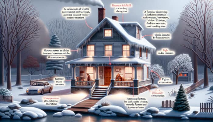 A Richmond home in winter with cold spots, indicating a faulty furnace, while a homeowner checks a clogged filter.