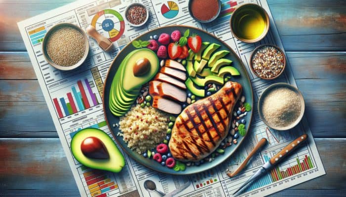 A vibrant plate with grilled chicken, quinoa, and avocado slices, showcasing a balanced meal for muscle growth.