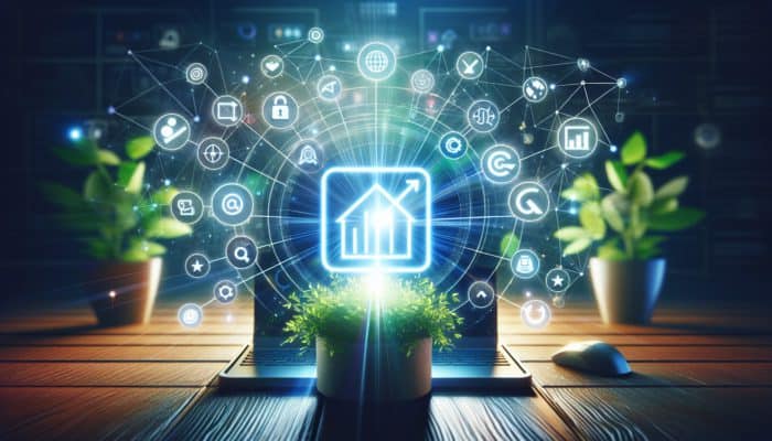 A glowing small business logo on a screen, surrounded by growth symbols and authoritative backlinks.