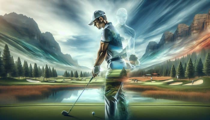 A South African golfer using visualization and breathing exercises on a diverse golf course to enhance mental preparation.