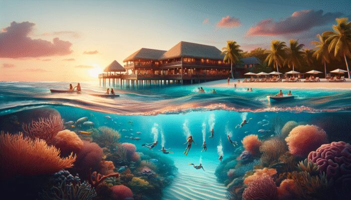 Luxurious resort on Ambergris Caye, Belize, with stunning beach views and guests enjoying water activities at sunset.