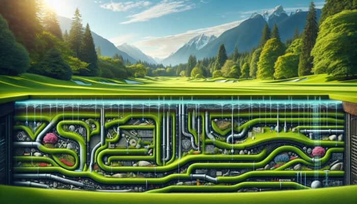 Illustration of a South Vancouver lawn featuring French drains and dry wells, surrounded by lush greenery.