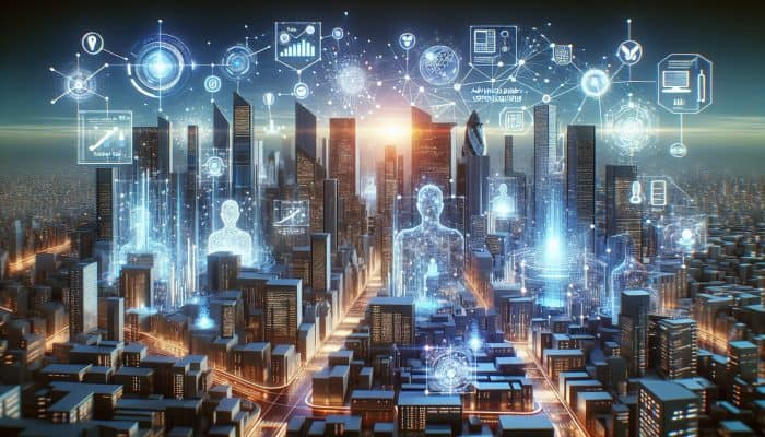 Emerging Debt Consolidation Startups: Revolutionising Finance | DCL Futuristic UK cityscape with AI advisors and blockchain networks for advanced debt consolidation services.