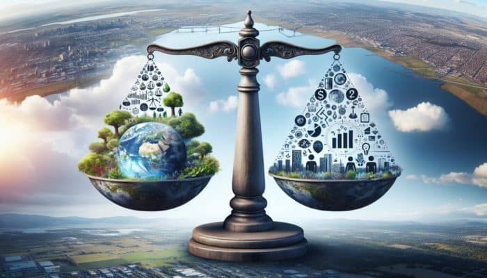 Creating Sustainable Trend Adaptations: A balance scale with environmental, social, and economic elements, symbolizing sustainable trends, against thriving communities and a healthy planet.
