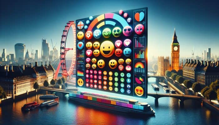 A digital interface showcasing mood tracking graphs, emojis, and iconic UK landmarks such as Big Ben and the London Eye.