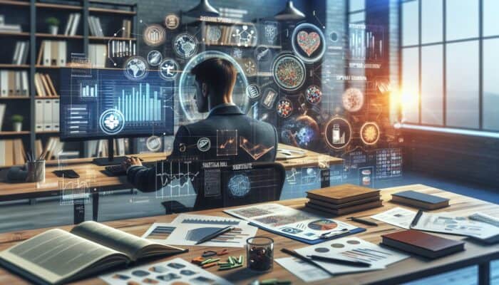 A professional analyzing supplement research data on a computer, surrounded by study materials.