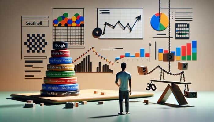 Digital workspace showcasing Google Keyword Planner, SEMrush, and Ahrefs interfaces with keyword data and user analysis.