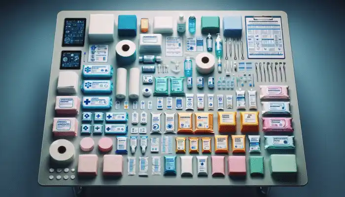 A variety of medical tissue wipes on a clinical table, neatly organized and labeled.