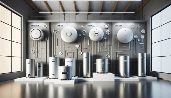 Hot Water Tank Services in Ladner Delta: Showcasing a variety of hot water tanks in a modern showroom, including conventional, tankless, and heat pump models.