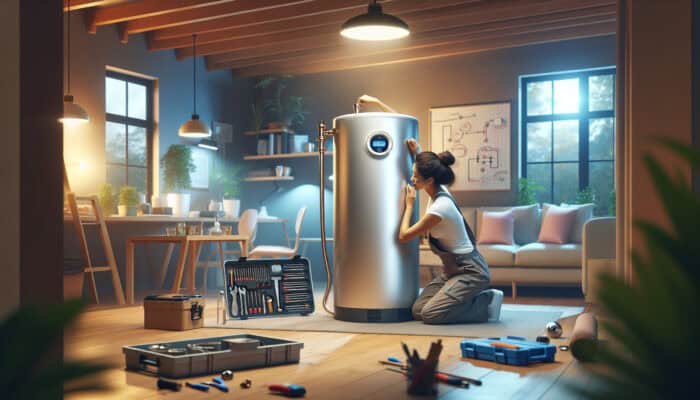 Modern hot water tank installed in a cozy basement in Ladner, Delta, serviced by a professional plumber.