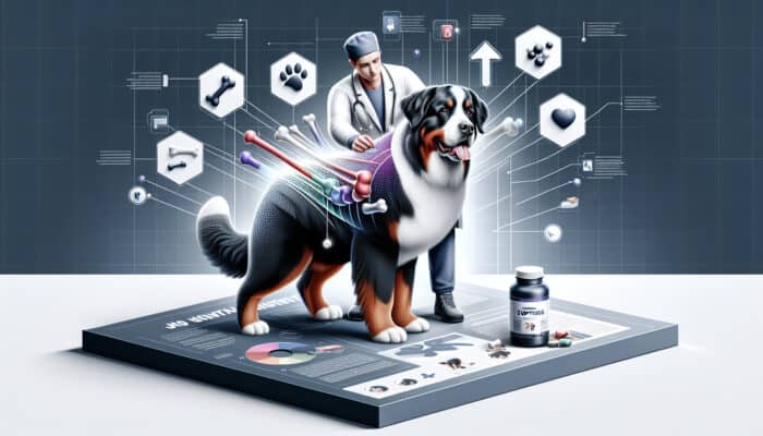 Infographic detailing joint health supplements for Bernese Mountain Dogs, featuring veterinary examination and recommendations.